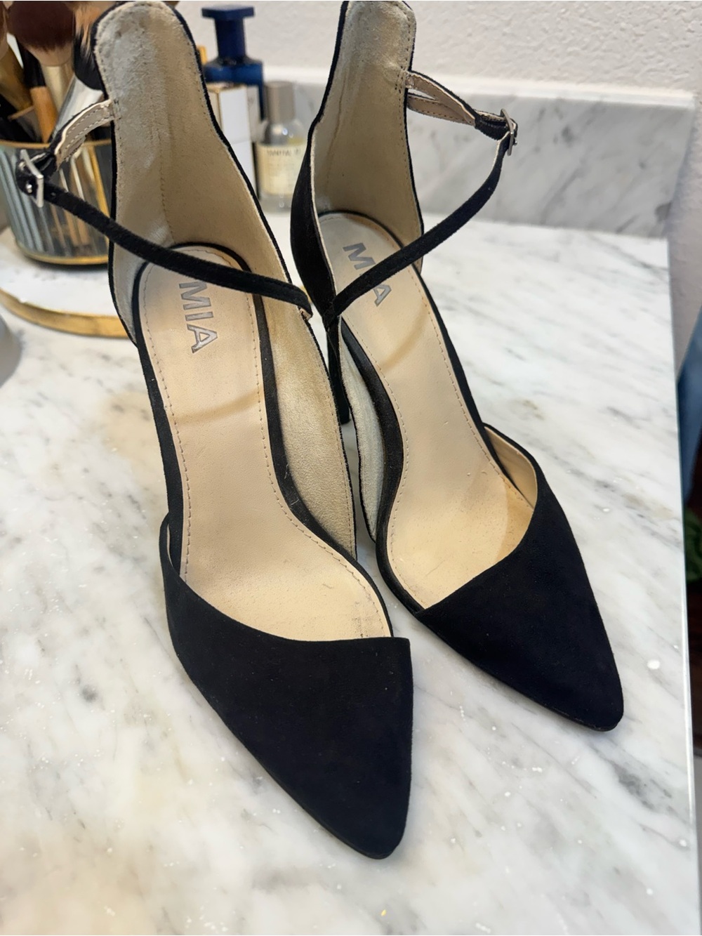 MIA Mona Black Faux Suede Pointed-Toe Strappy Heels Size 7